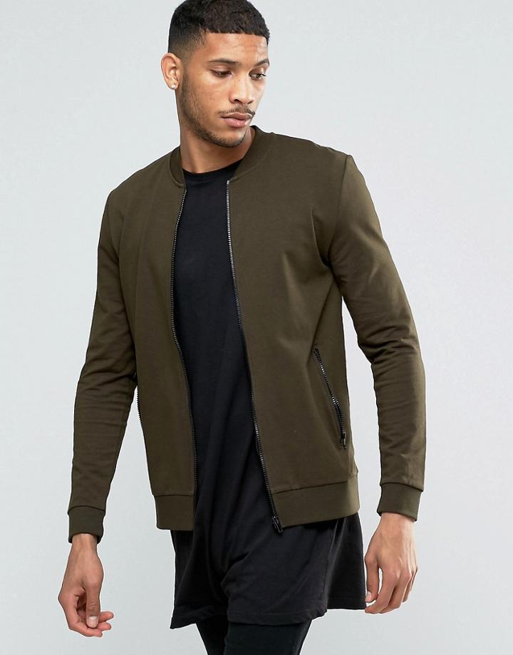 Asos Muscle Jersey Bomber Jacket In Khaki - Hunter Green