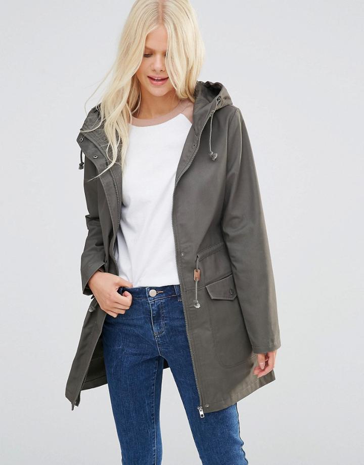 Jdy Longline Parka In Olive - Green