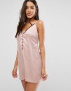 Missguided Lace Trim Button Up Cami Dress - Beige