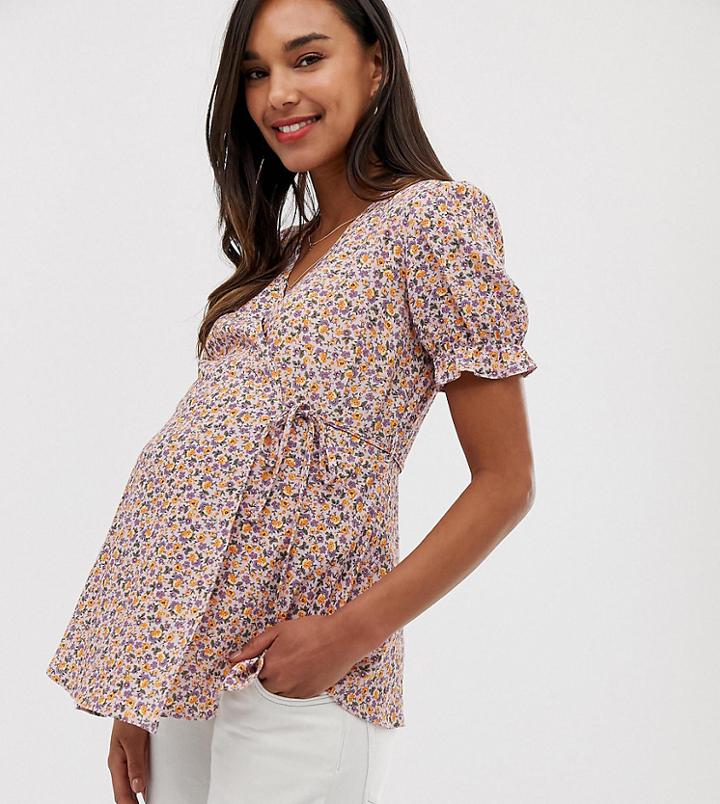 New Look Maternity Floral Frill Hem Top In Purple
