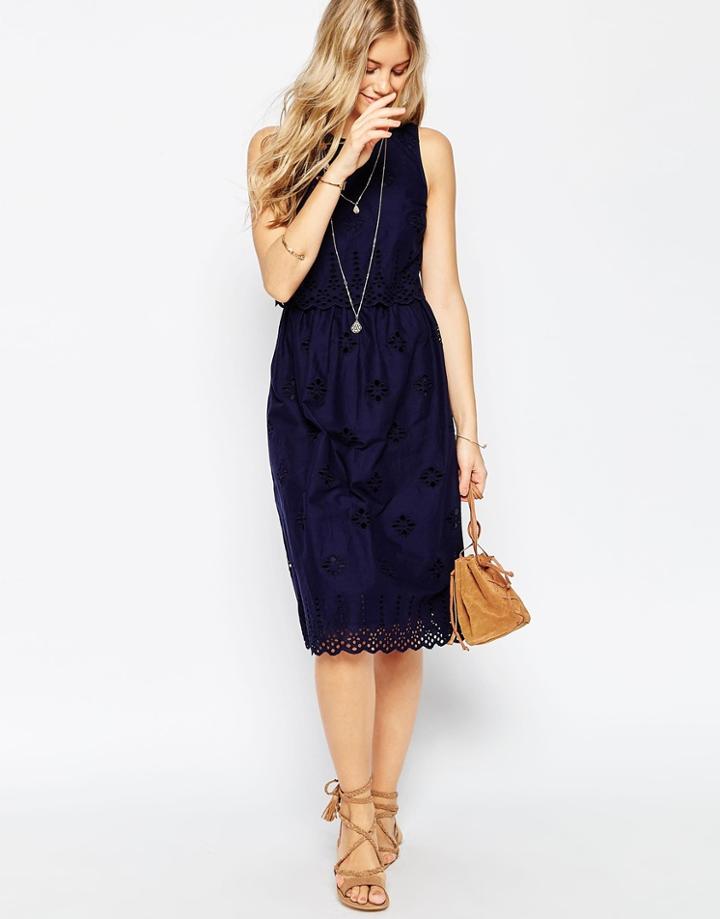 Asos Midi Broderie Double Layer Sundress - Blue