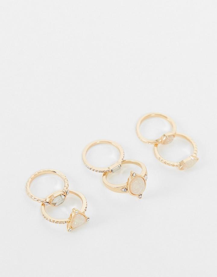 Asos Design Pack Of 6 Rings In Opal Stone Set Design-gold