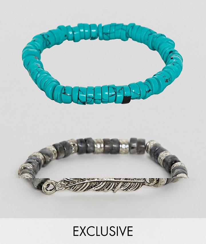 Reclaimed Vintage Chain And Bead Bracelet Pack With Semi Precious Stones And Feather In Turquoise - Silver