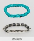 Reclaimed Vintage Chain And Bead Bracelet Pack With Semi Precious Stones And Feather In Turquoise - Silver