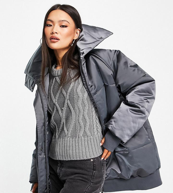 Asyou Oversized Satin Puffer In Dark Gray-multi