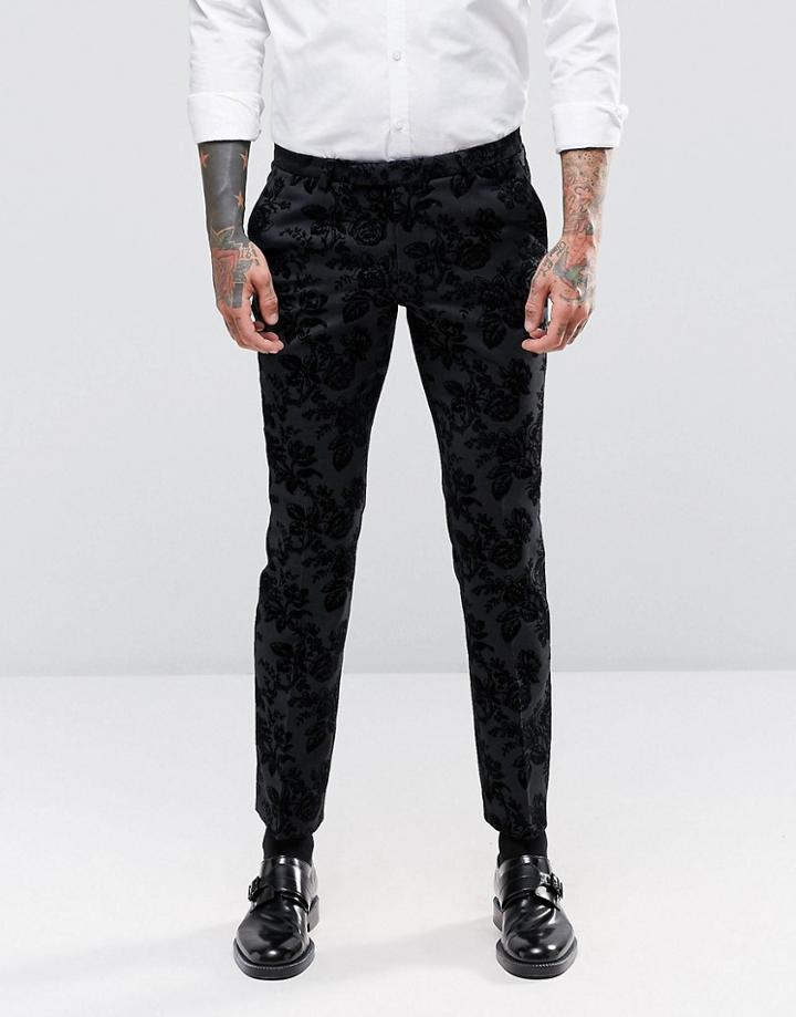 Noose & Monkey Super Skinny Tuxedo Pants In Flocked Floral With Stretch - Gray
