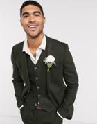 Asos Design Wedding Super Skinny Wool Mix Suit Jacket In Khaki Herringbone-green