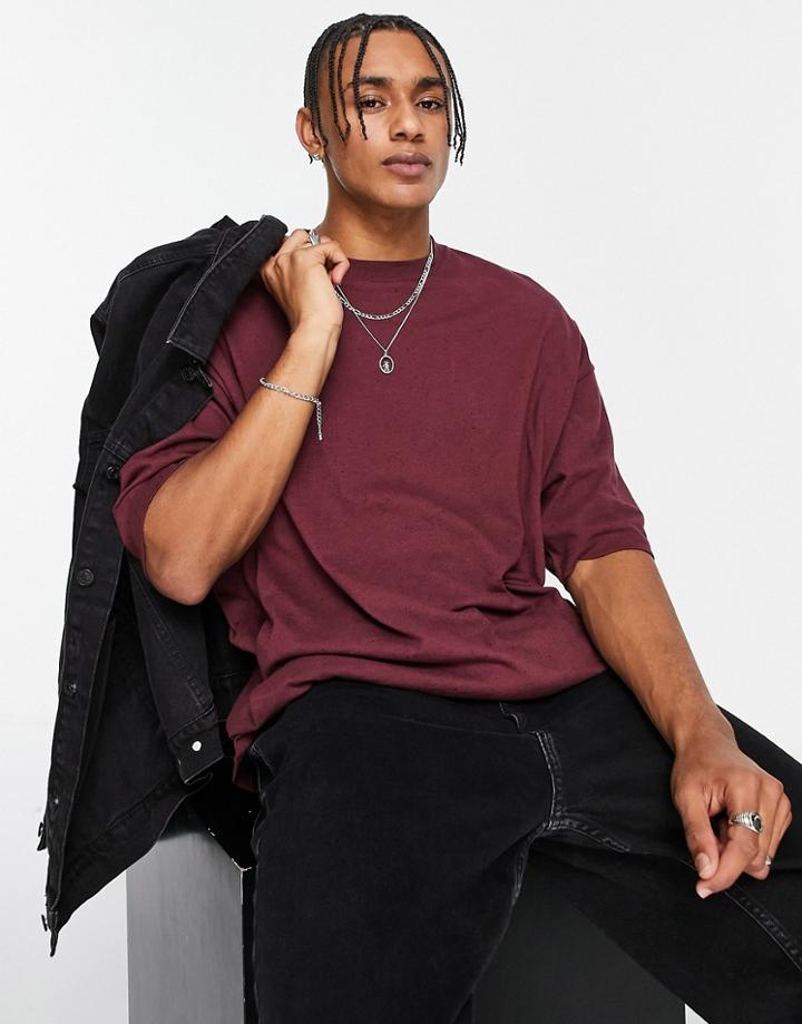 Asos Design Oversized T-shirt In Textured Neppy Fabric In Burgundy