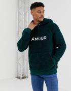 Asos Design Borg Hoodie With Amour Text Slogan Print - Green