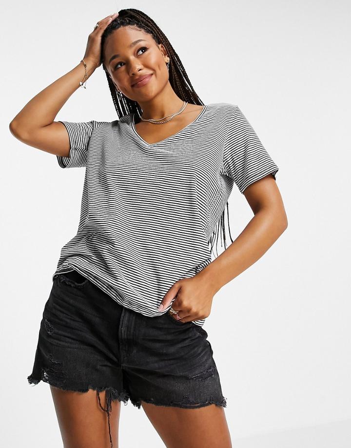 Stradivarius Cotton V-neck T-shirt In Stripes - Multi