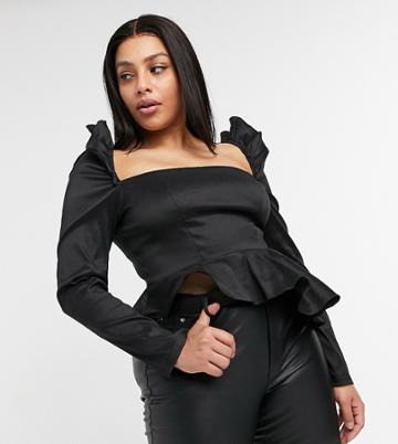 Naanaa Plus Satin Peplum Top In Black