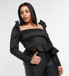 Naanaa Plus Satin Peplum Top In Black