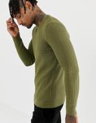 Asos Design Muscle Fit Waffle Textured Sweater In Khaki-green