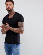 Asos Muscle Fit T-shirt With Raw Edge Rounded V Neck In Black - Black