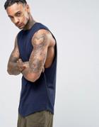 Asos Super Longline Sleeveless T-shirt With Dropped Armhole And Curved Hem In Navy - Navy