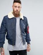 Alpha Industries Bomber Jacket With Sheep Fur Collar In Slim Fit Navy