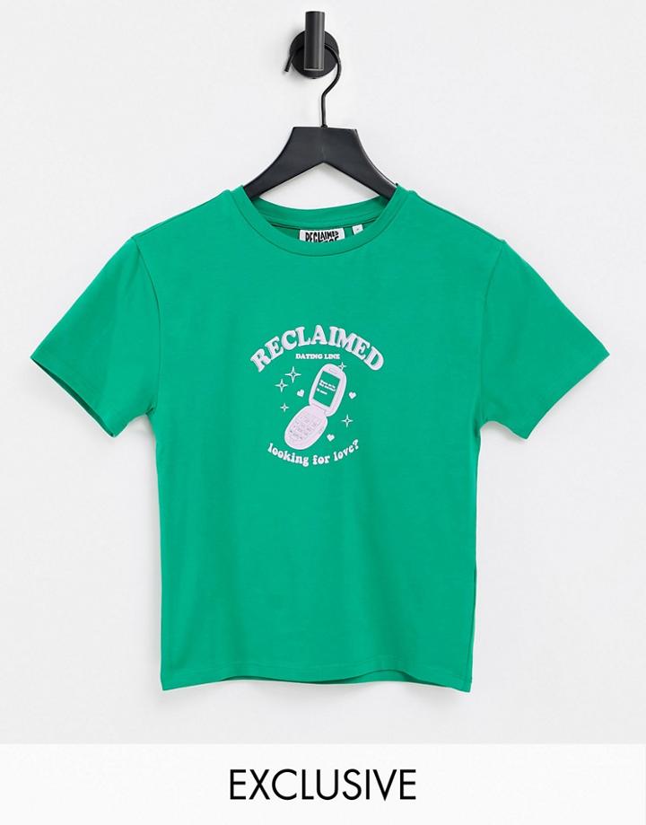 Reclaimed Vintage Inspired Fitted T-shirt In Green With Phone Print-pink