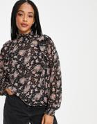 Object Gitte High Neck Floral Blouse In Black