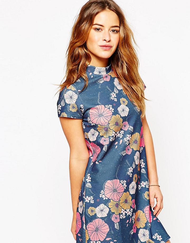 Asos Petite High Neck Mini Dress In Textured Floral Print - Multi