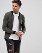 Asos Knitted Muscle Fit Bomber Jacket In Khaki Twist - Green