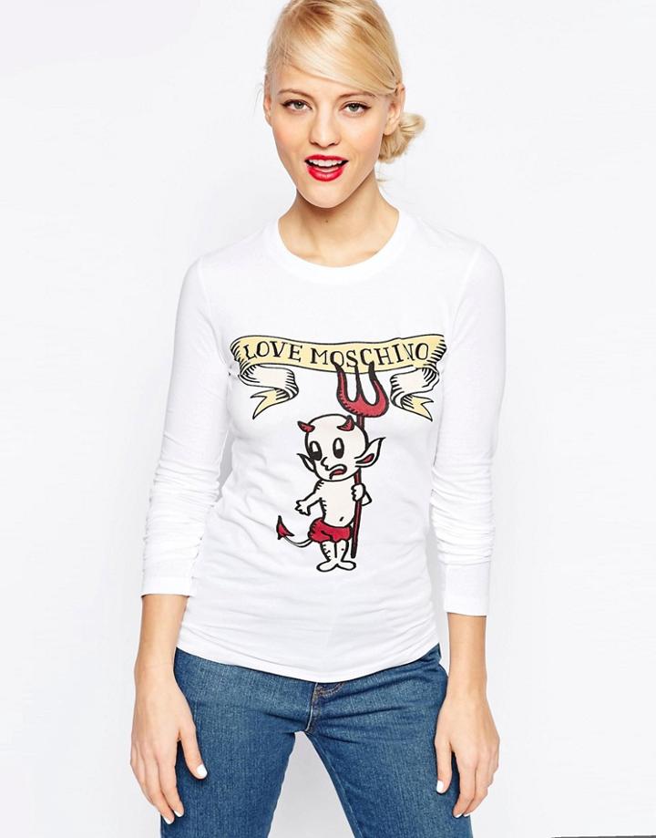 Love Moschino Devil Print Long Sleeve T-shirt - Wh1