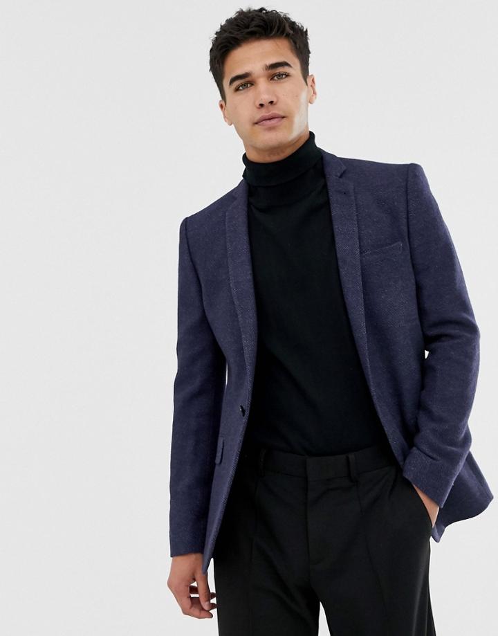 Asos Design Super Skinny Texture Blazer In Navy Wool Mix