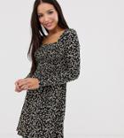 New Look Tall Square Neck Long Sleeve Dress In Ditsy Floral-black