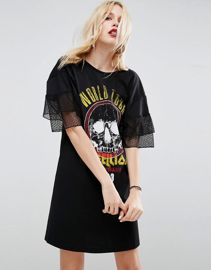 Asos World Tour Print T-shirt Dress With Cross Back & Lace Sleeves - Black