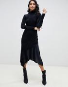 Asos Design Burnout Velvet Midi Dress With Hanky Hem - Black