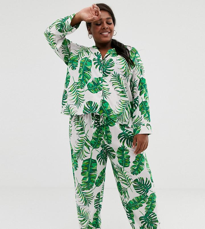 Asos Design Curve Palm Print Pyjama Pants Set In 100% Modal - Pink