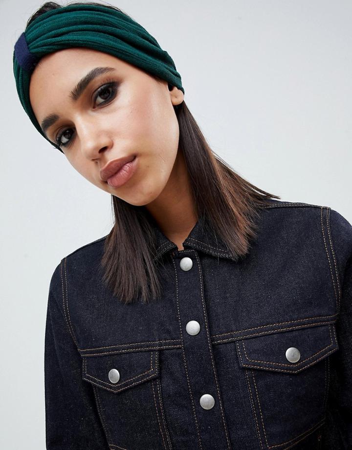 Asos Design Fine Knit Headband In Green And Navy - Green