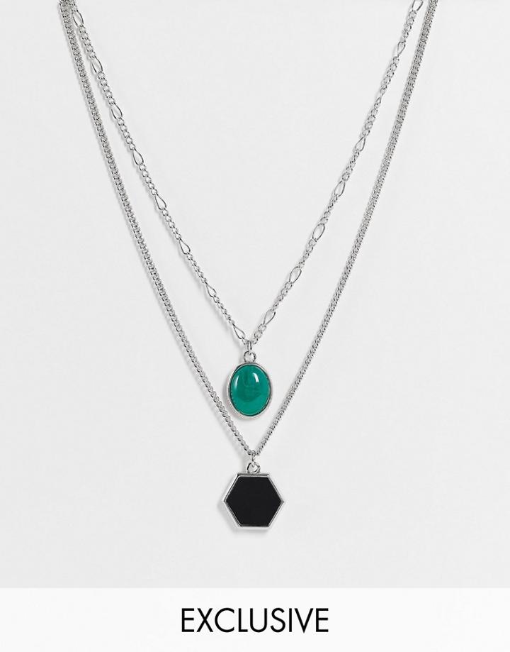 Reclaimed Vintage Inspired Necklaces With Ornate Stones In Silver 2 Pack