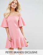 John Zack Petite Off Shoulder Mini Dress With Fluted Sleeve And Hem Detail - Pink