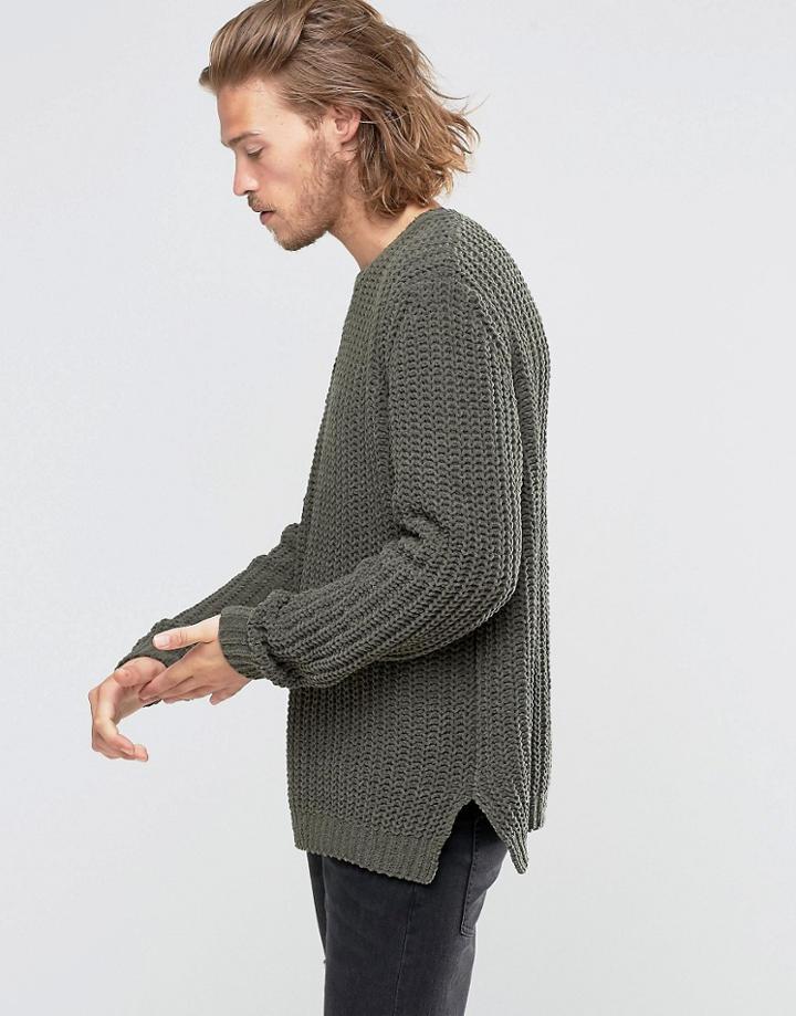 Asos Crew Sweater With Split Hem In Chenille - Green