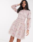 Needle & Thread Sequin Mini Dress With Sheer Sleeves In Dusty Mauve-purple