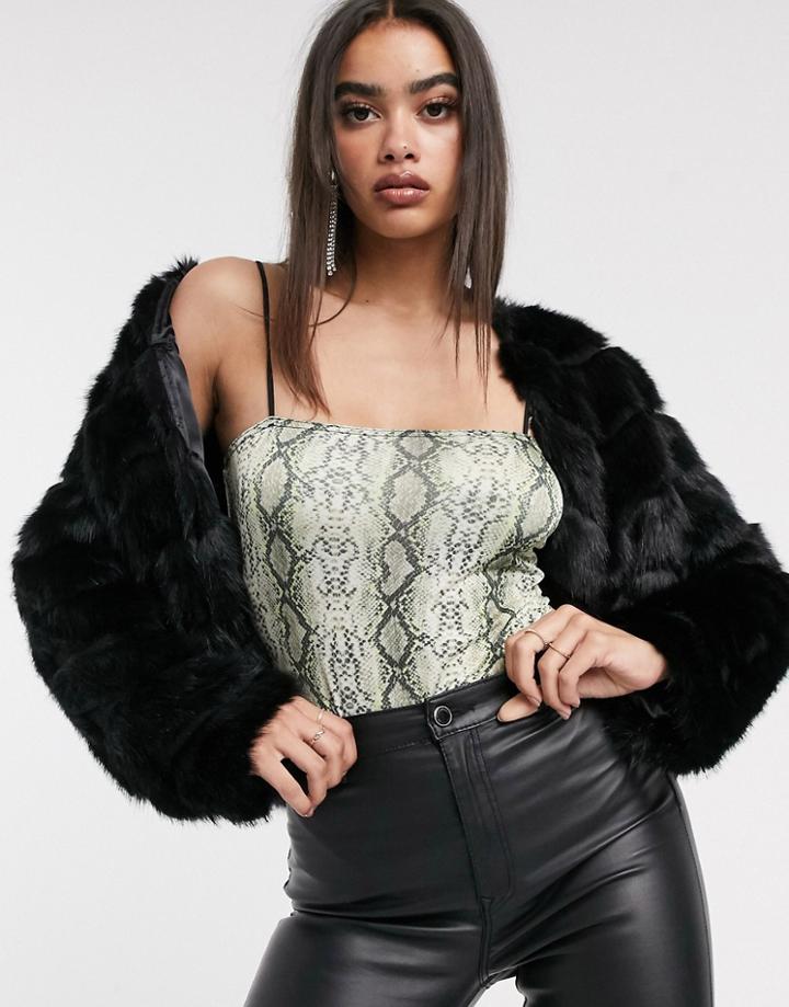 Asos Design Chevron Textured Faux Fur Jacket In Black
