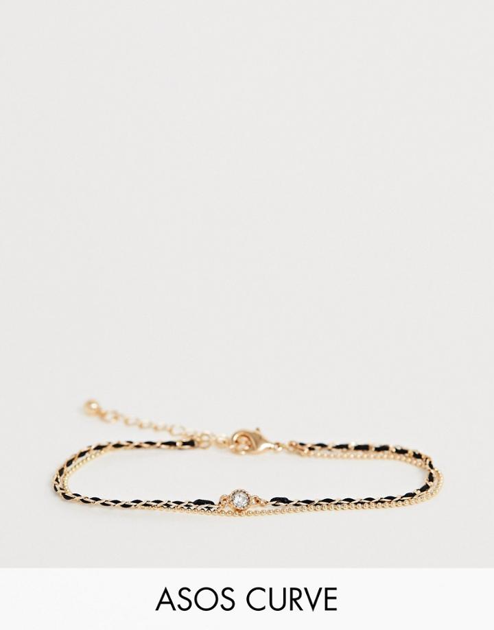 Asos Design Curve Multirow Bracelet With Woven Thread And Delicate Ball Chain In Gold - Gold