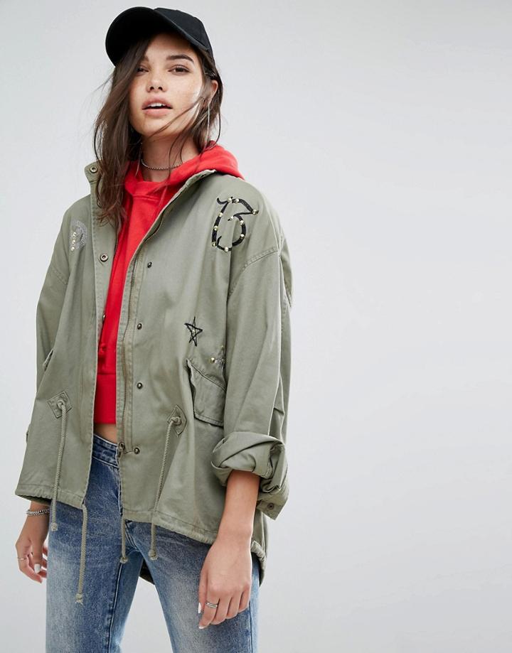 Missguided Khaki Badge Details Parka Jacket - Green