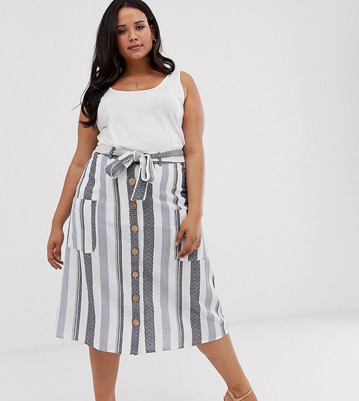 Influence Plus Midi Skirt With Pockets In Natural Stripe - Beige