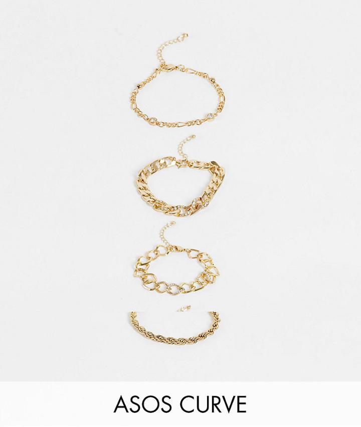 Asos Design Curve Pack Of 4 Chain Bracelets With Crystal In Gold Tone