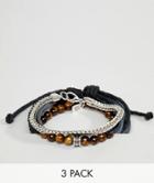 Icon Brand Black Leather & Brown Beaded Bracelets In 3 Pack - Black