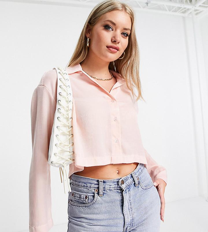 Topshop Tall Cropped Satin Shirt In Blush-pink