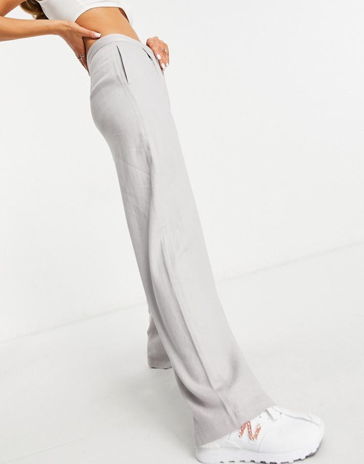Asos Design Wide Leg Pleat Front Linen Pants In Stone-neutral