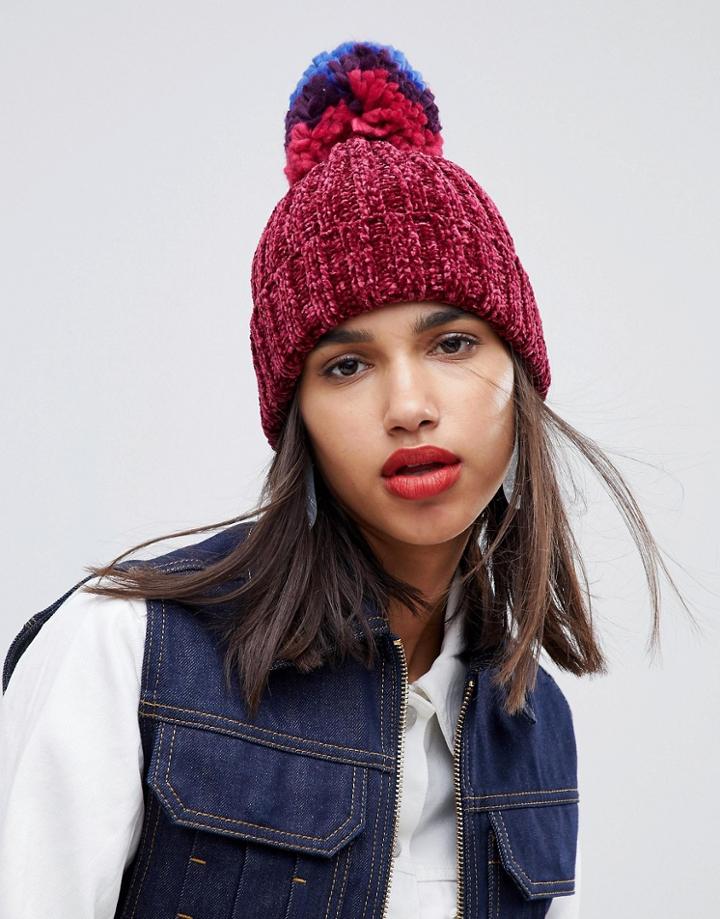 Asos Design Chenille Turn Up Beanie In Oversized Multi Pom - Red