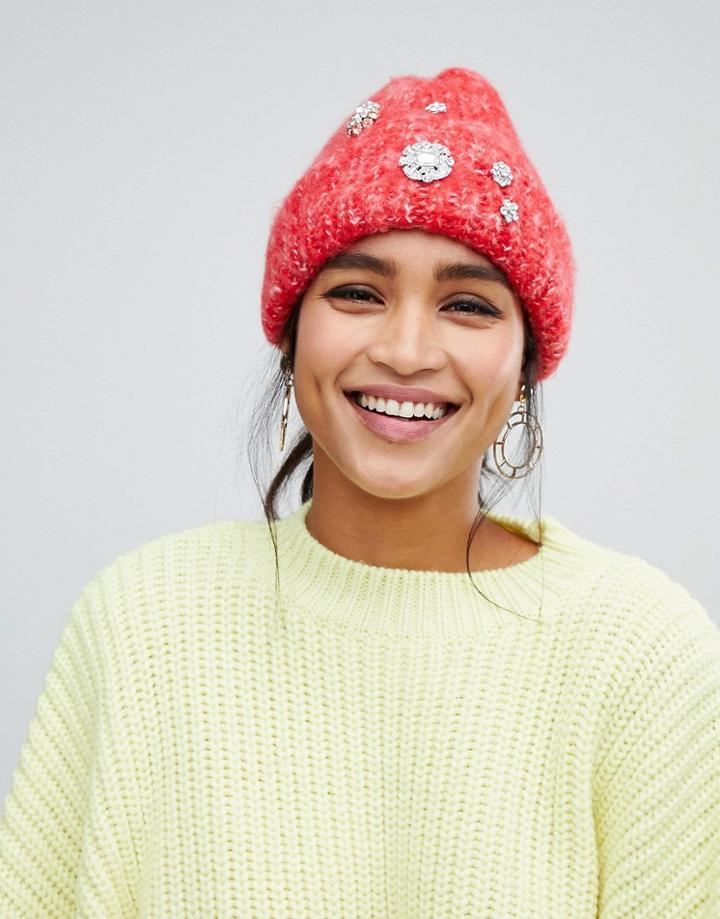 Asos Design Fluffy Embellished Beanie In Two Tone Knit - Red