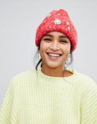 Asos Design Fluffy Embellished Beanie In Two Tone Knit - Red