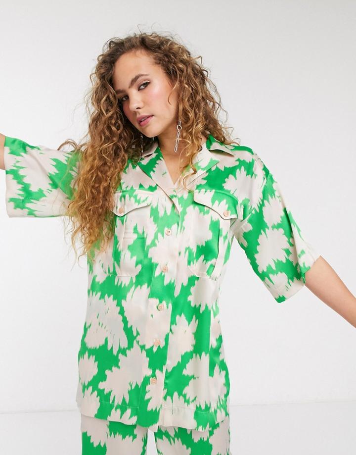 Topshop Boutique Satin Utility Shirt Two-piece In Green Print