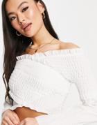 Rebellious Fashion Shirred Wrap-over Bardot Crop Top In White