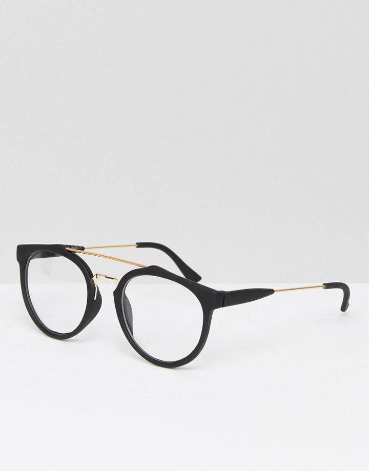 7x Brow Bar Detail Round Clear Lens Glasses - Black