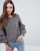 Jdy Ally Check Top With Frill Layer Sleeve - Purple